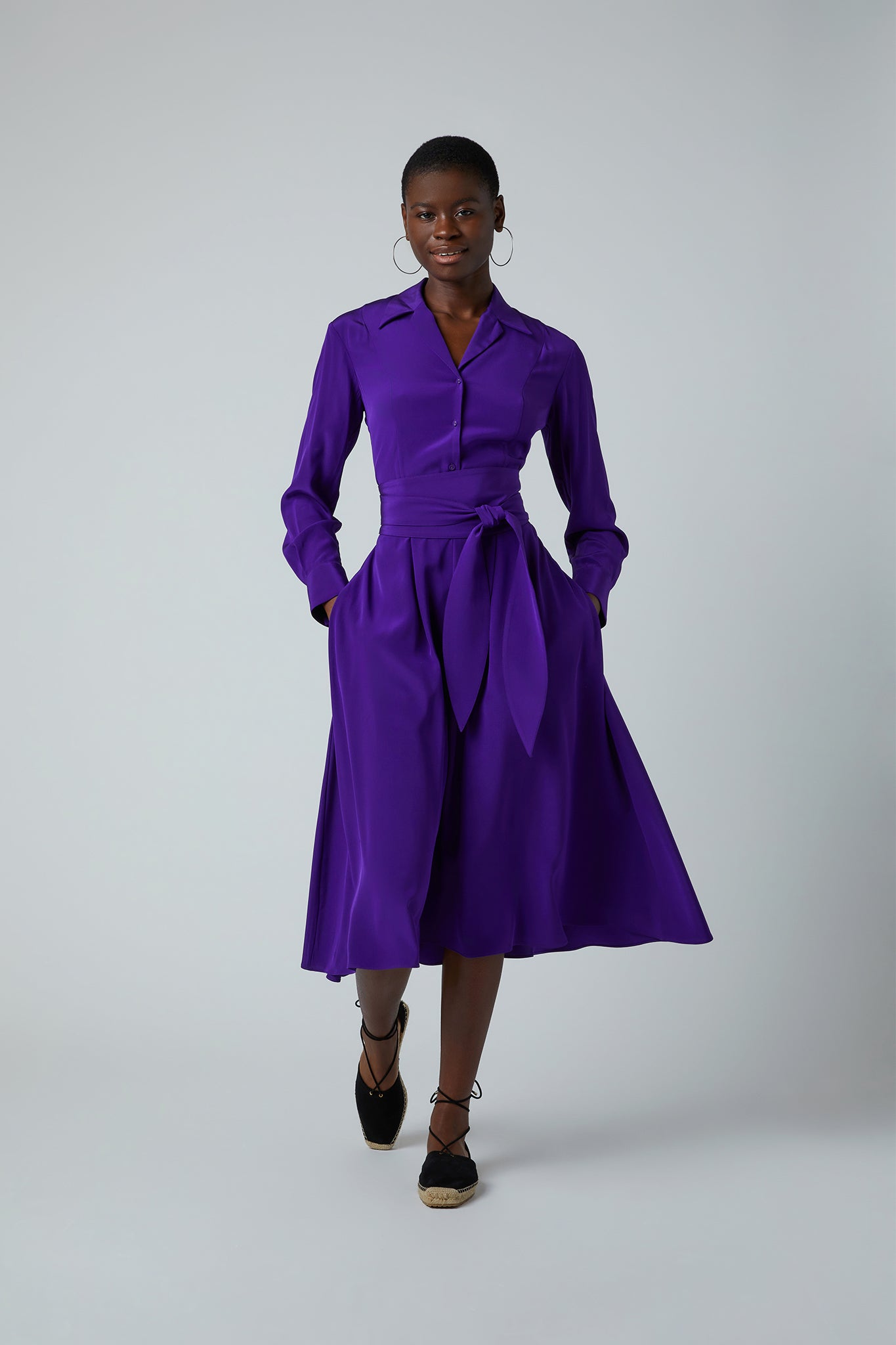 Fleur silk full skirt shirt dress in purple